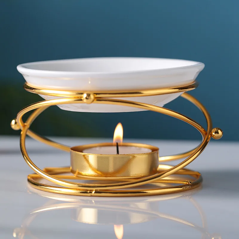 Hot Selling Black Gold Metal Oil Burner Wax Warmer Romantic Ceramic Tealight Candle Holder With White Tray