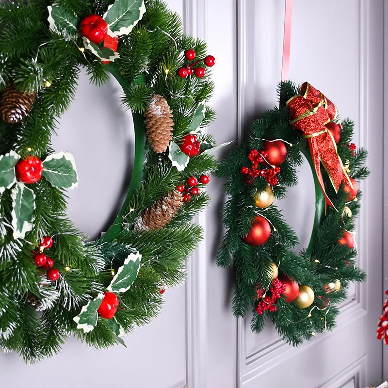 New Arrival Christmas Party Decor Door Hanging Decor Flower Wreath With Led Lights