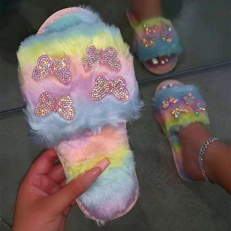 Custom Furry Rabbit Fur Foam House Soft Comfy Flat Fluffy Fur Slide Sandals Slippers for Women