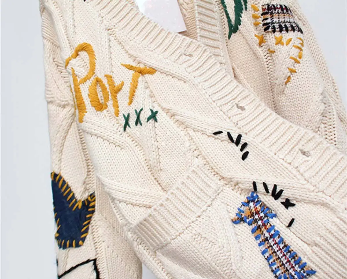 Custom Logo Retro Plus Size Embroidery Cardigan Knitted Sweater Ladies Jacquard Sweaters Women Cardigan With Pockets