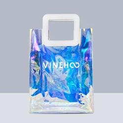 Custom Iridescent Gift Bags with Handles Clear Transparent Holographic PVC Tote Bag Shopping Bag