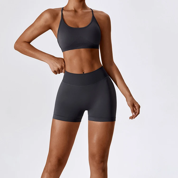 Wholesale high quality 2 piece workout set gym seamless bra and scrunch butt shorts workout sets for women