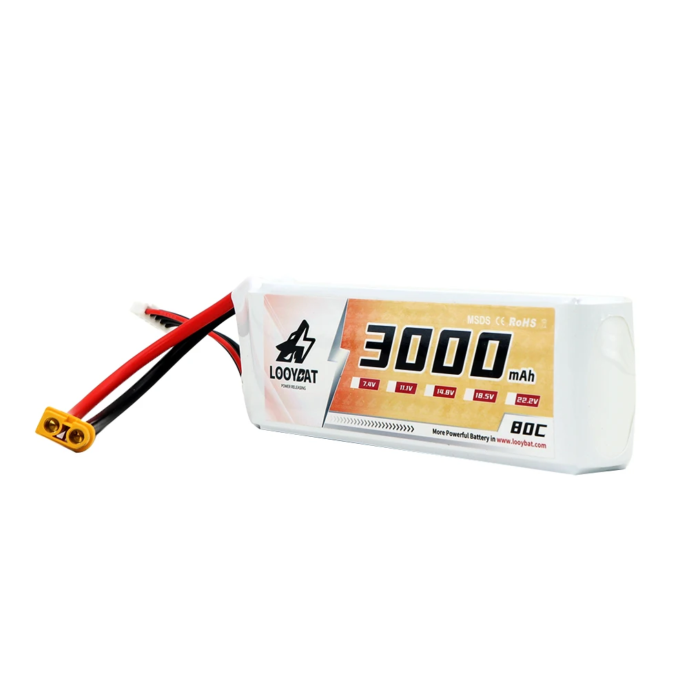 LOOYBAT Factory 3.7V LCO Lipo Battery Cell 80C High Discharge 7.4V 14.8V 2S 4S 3000mAh Rechargeable Lithium Polymer Battery Pack
