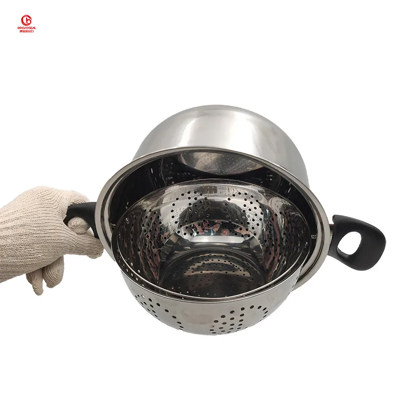 Thickened Stainless Steel Double Ear Soup Pot Austenitic Stainless Steel Pot Transparent Lid with Drain Basket