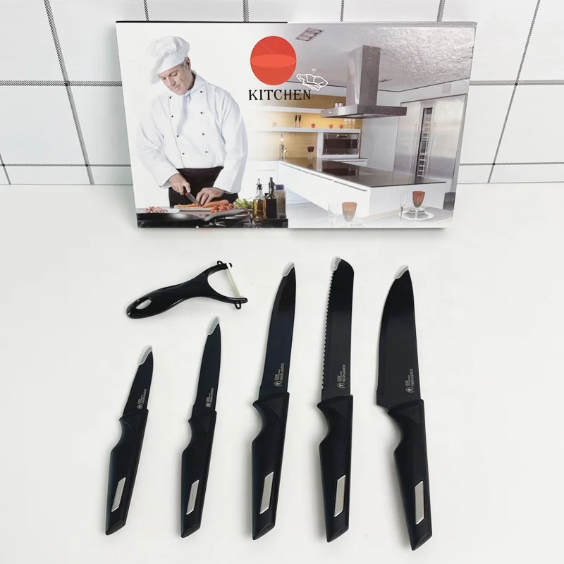 Cheap Promotion 6PCS Black Nonstick Kitchen Knives Set Soft Touch Handle Meat Fruit Bread Peeler Set with Magnetic Gift Box
