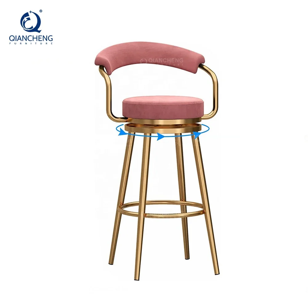 QIANCHENG luxury home furniture supplier high velvet chair kitchen island barstool high back swivel tall bar counter stool