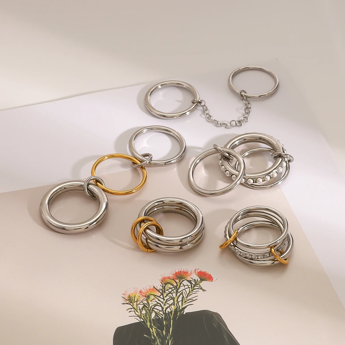 J&D Luxury 18K Gold Plated Stainless Steel  Rings Women Jewelry Irregular Wave Double Finger Rings Sets