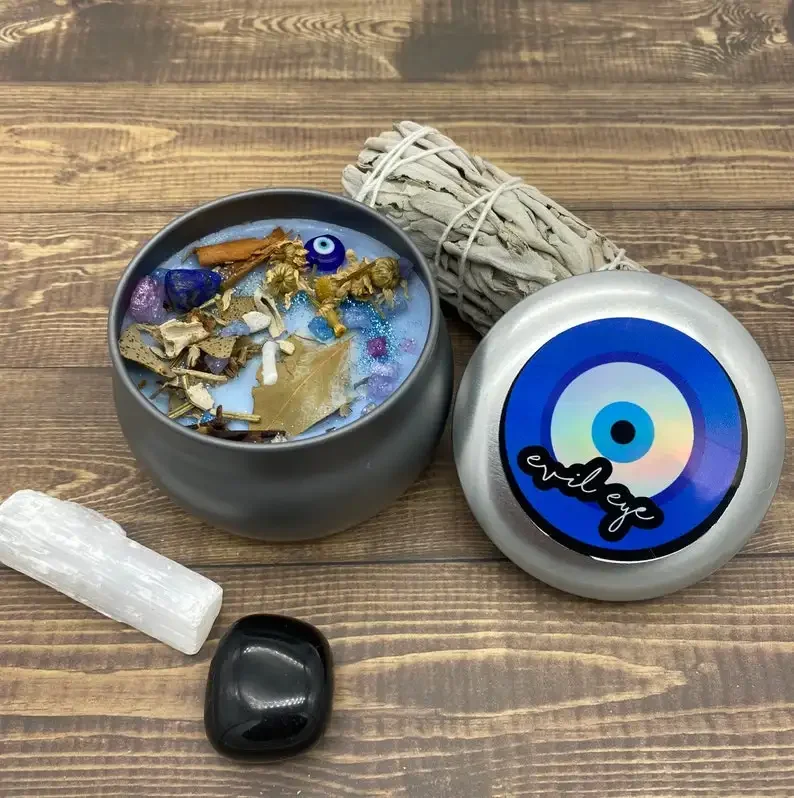 2023 New Features High End Fragrance Product Spiritual Blue Wax Evil Eye Crystal Infused Candles