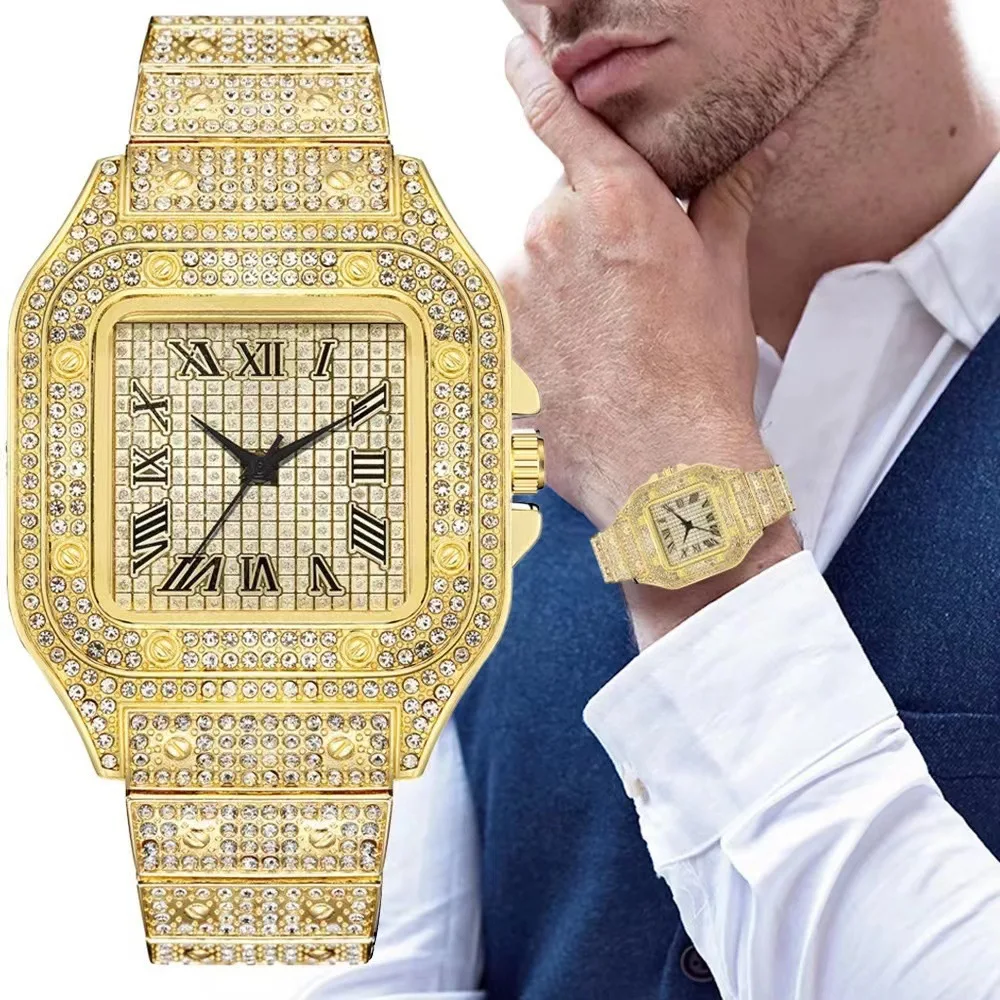 Square Watch Orologio al quarzo quadrato da uomo placcato oro 18K da polso unisex di lusso con e strass