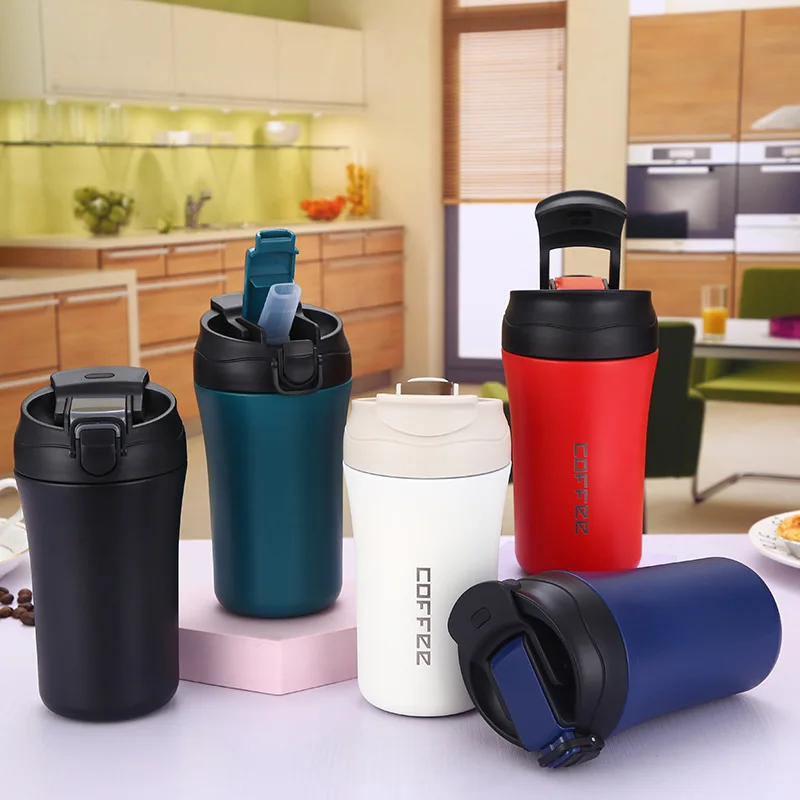 400ml Insulated Coffee Mug Vacuum Flask Milk Coffee Thermos Cup 304 Stainless Steel Straw Thermocup Mini Travel Mug