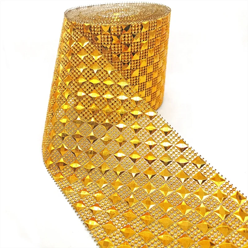 wholesale 10 yard rose golden pyramid studs checkered rhinestones diamond mesh wrap roll pattern ribbon for mirror frame decor