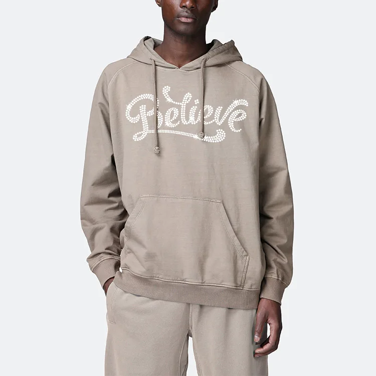 Custom streetwear fleece pullover vintage washed skull rhinestone heat transfer hoodie sweatshirt custom rhinestone clothing