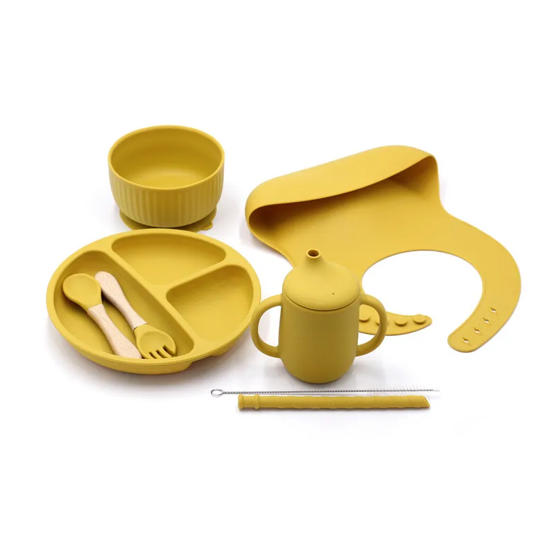 Nordic New Children Bib Suction Bowl Spoon Baby Silicone Supplementary Food Bowl Plate Mouth Feeding Set