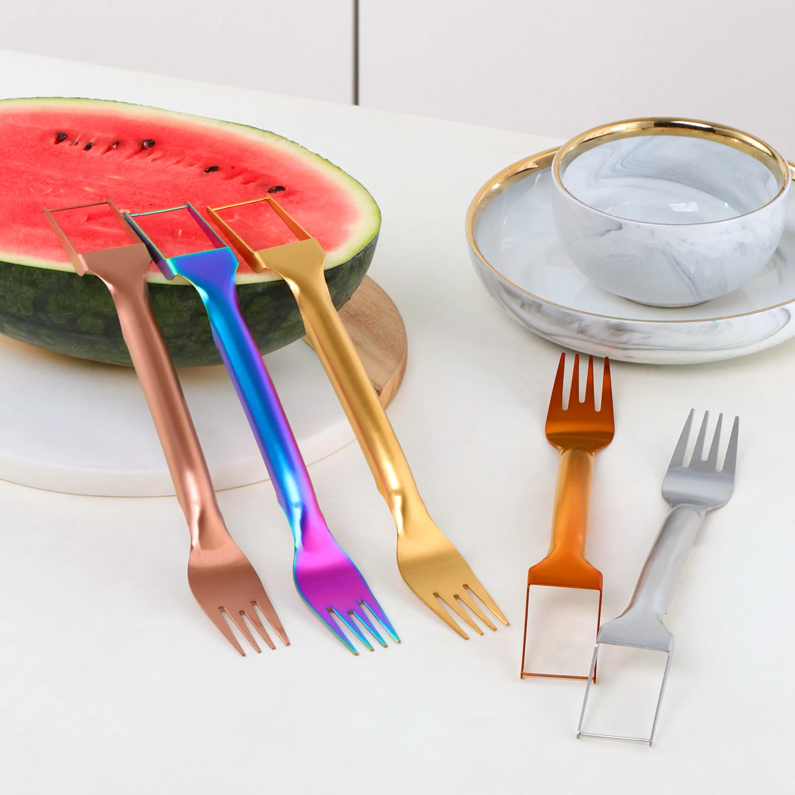 Stainless Steel 2 In 1 Fruit Fork Scoop Manual Cantaloupe Cutting Tool Mango Spoon Watermelon Fruit Slicer With Fork