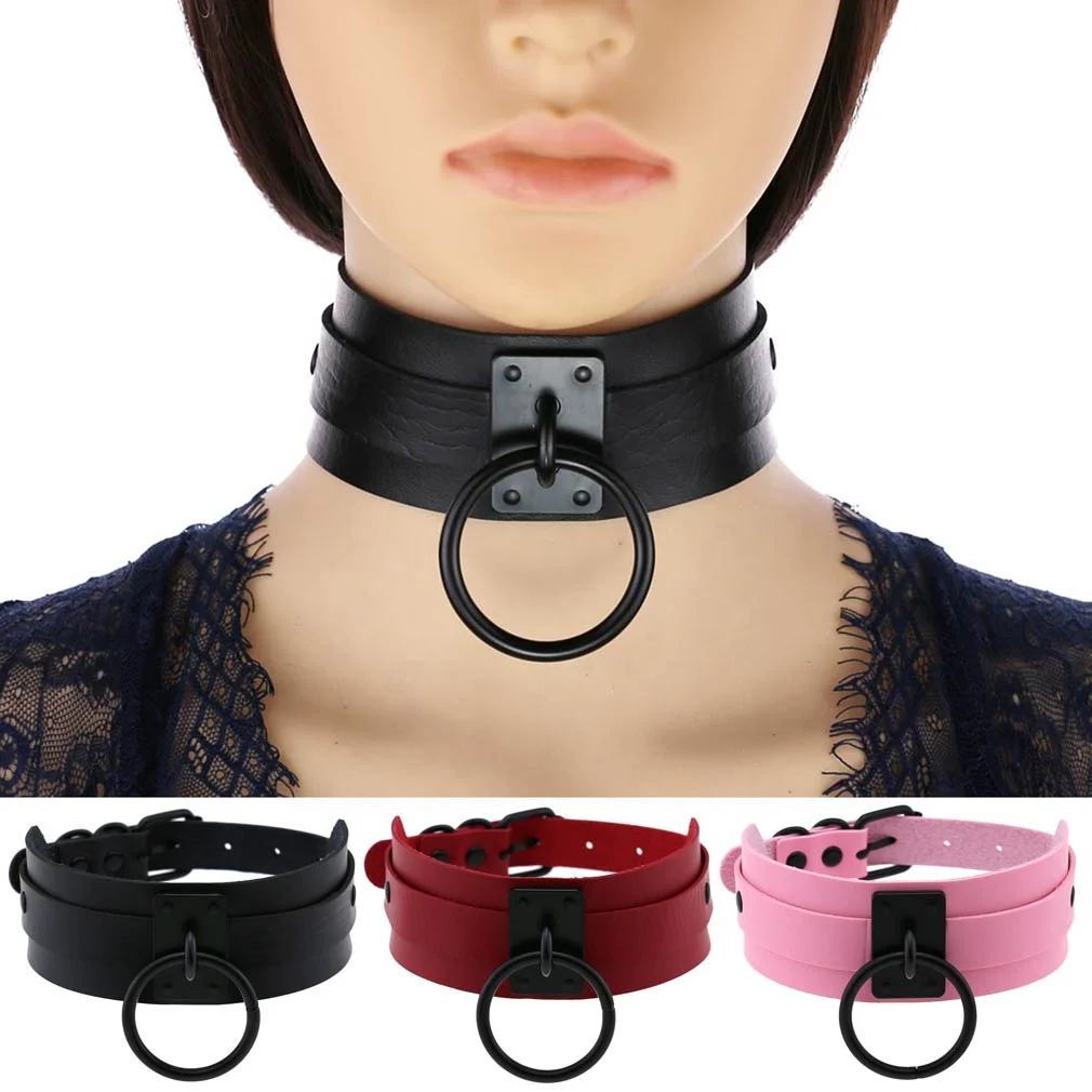 Punk Exaggerated Handmade Oversized Choker Necklace Leather Collar Bondage Harness Necklace O Round Metal Black Ring Steam Punk