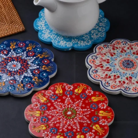 Factory custom Ceramic Tile Coaster Hot Pad Handmade Turkish Ceramic Trivet Cup Coasters Favors Hand Painted Pottery