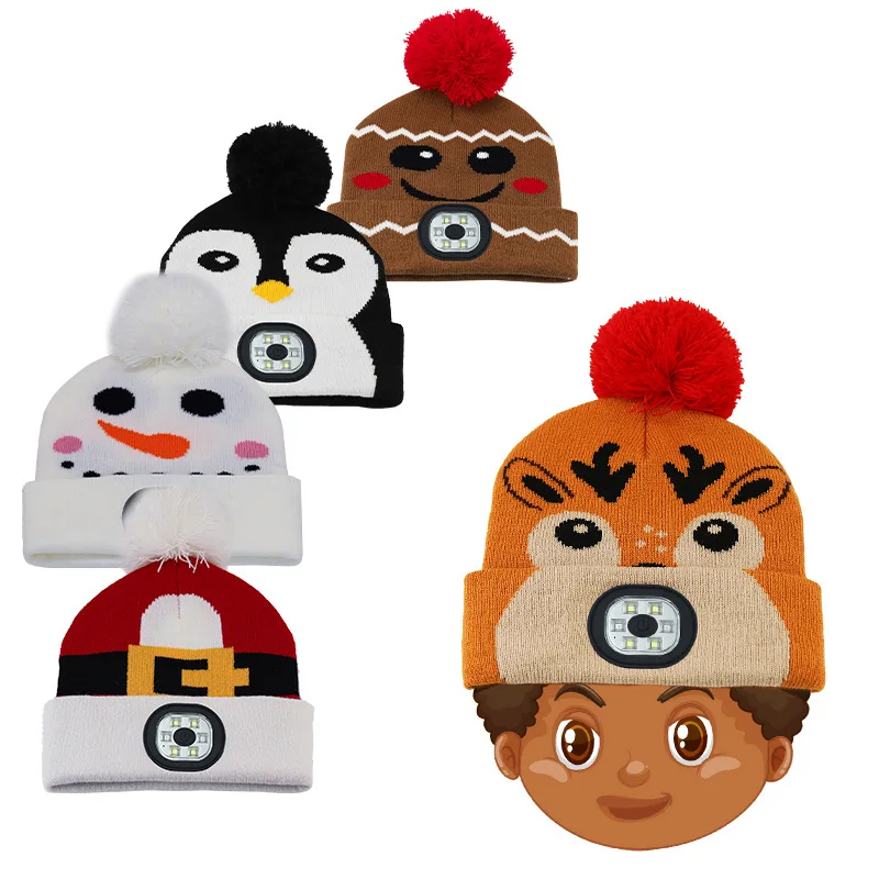 Cartoon Warm Hat with Light LED USB Rechargeable Flashlight Beanie Cap Winter Pom Headlight Knit Cuffed Hat for Kid