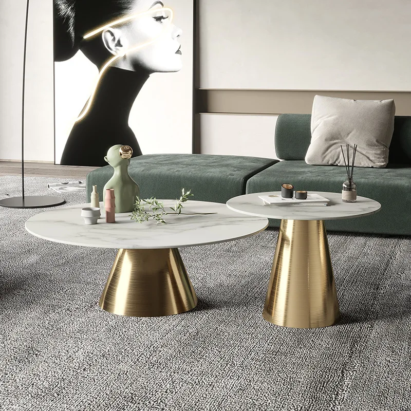 Simple Luxury Black Gold Metal Glass Marble Stone  Wood Round End Table Side Nest Set of 2 Nesting Coffee Table