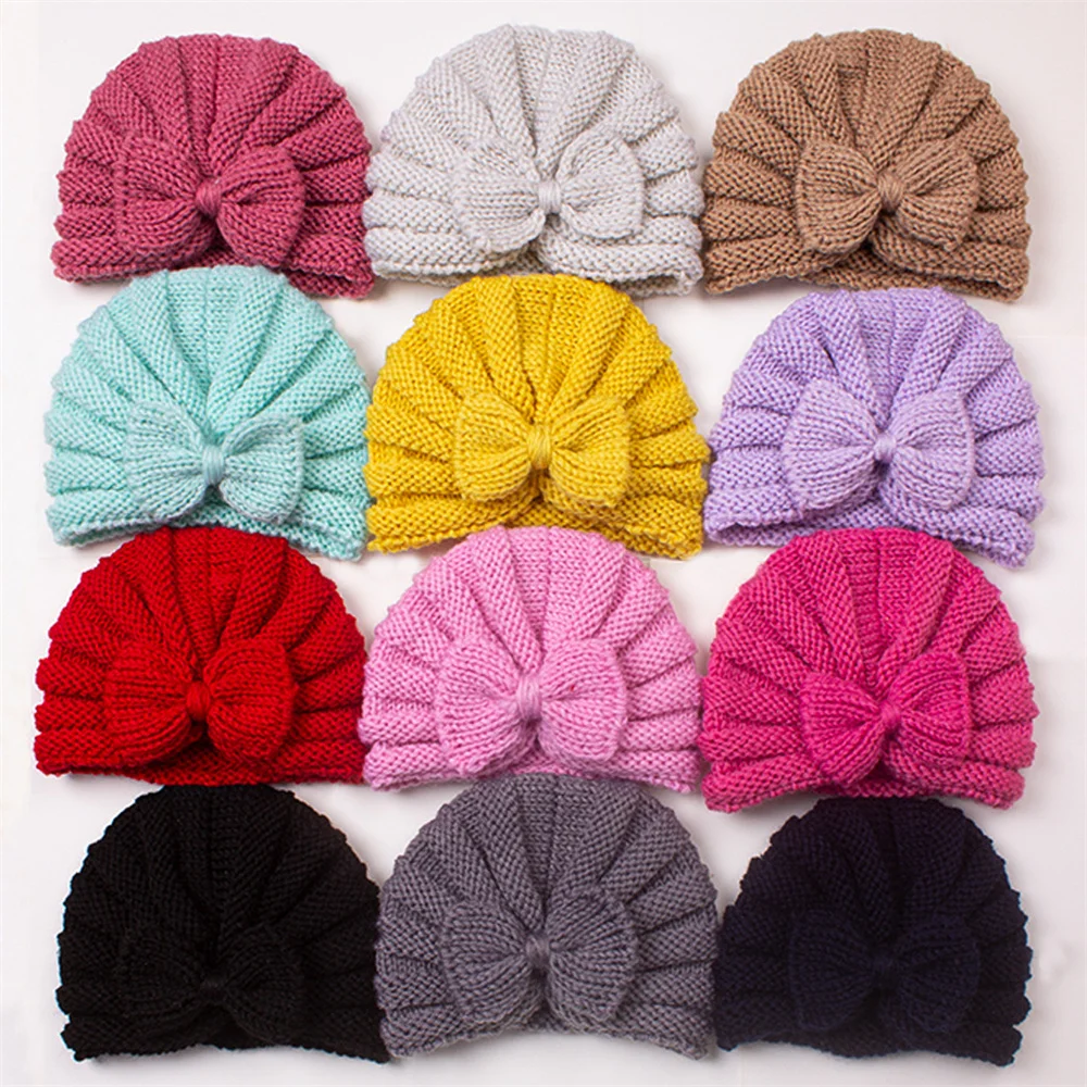 Wholesale Newborn Baby Girl Winter Solid Color Warm Knit Beanie Hats with Knot
