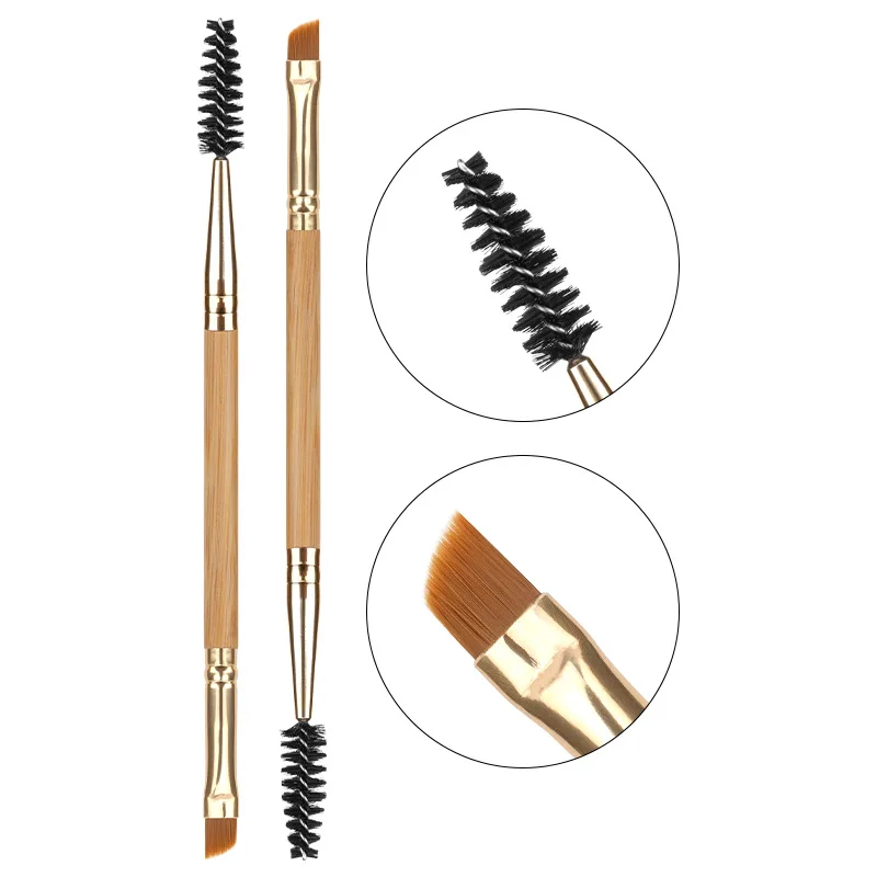 Wholesale high quality make up spoolies 2 in 1 double heads eye lash eco friendly bamboo mascara brush wands with eyebrows brush