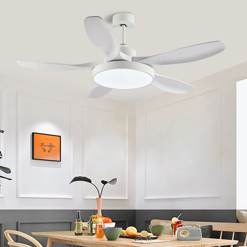 Wooden Blades Modern Ceiling Fan Light 3 Colors LED Dimming Lamp Remote Control 52 Inch 5 Gua Home Office DC Copper Motor 100