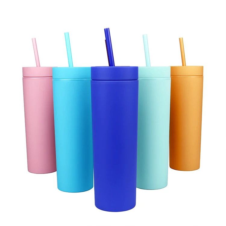 Custom bulk 16oz pastel colorful acrylic cups double wall matte reusable leakproof plastic water bottle With overflow Lid straw