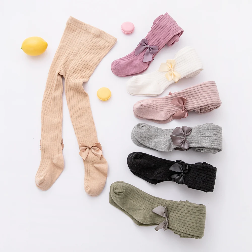 Дышащие вязаные цветные детские чулки, колготки для маленьких девочек, хлопковые детские колготки с бантом