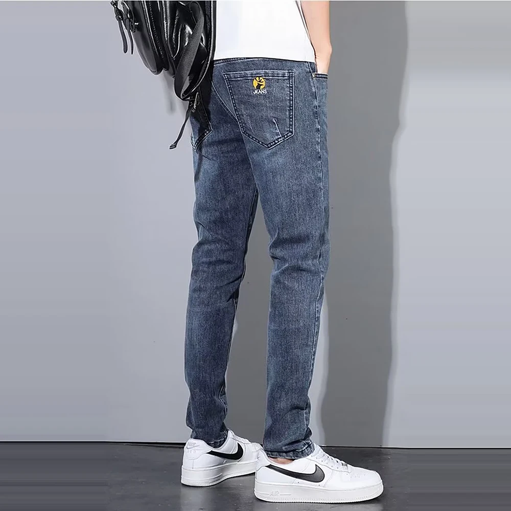 Custom High Street Hip Pop European Blue Washed Denim Spray Casual Jeans for Man