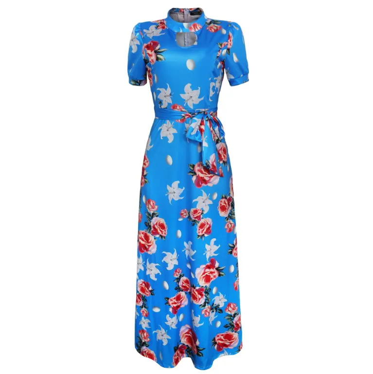 2022 Professional Custom Women Summer Fashion Plus Size Print O Neck Short Sleeve Loose Long Dresses