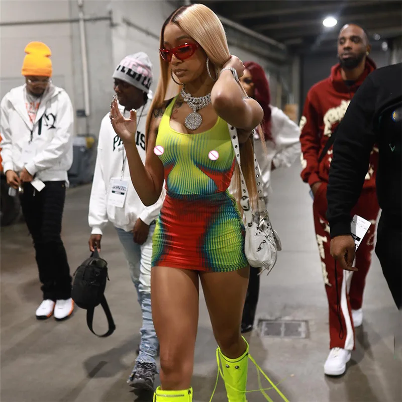 Sharee 2023 Summer Tank Top Dresses Fashionable 3d Printing Street Clothing Bodycon Dress