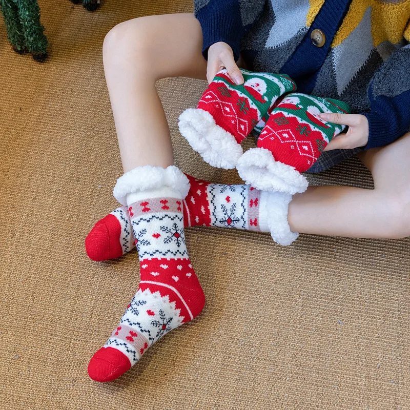 Plush Lining Fuzzy Fluffy Winter Warm Long Christmas Socks Cartoon Animal Home Colorful Non-slip Floor Socks
