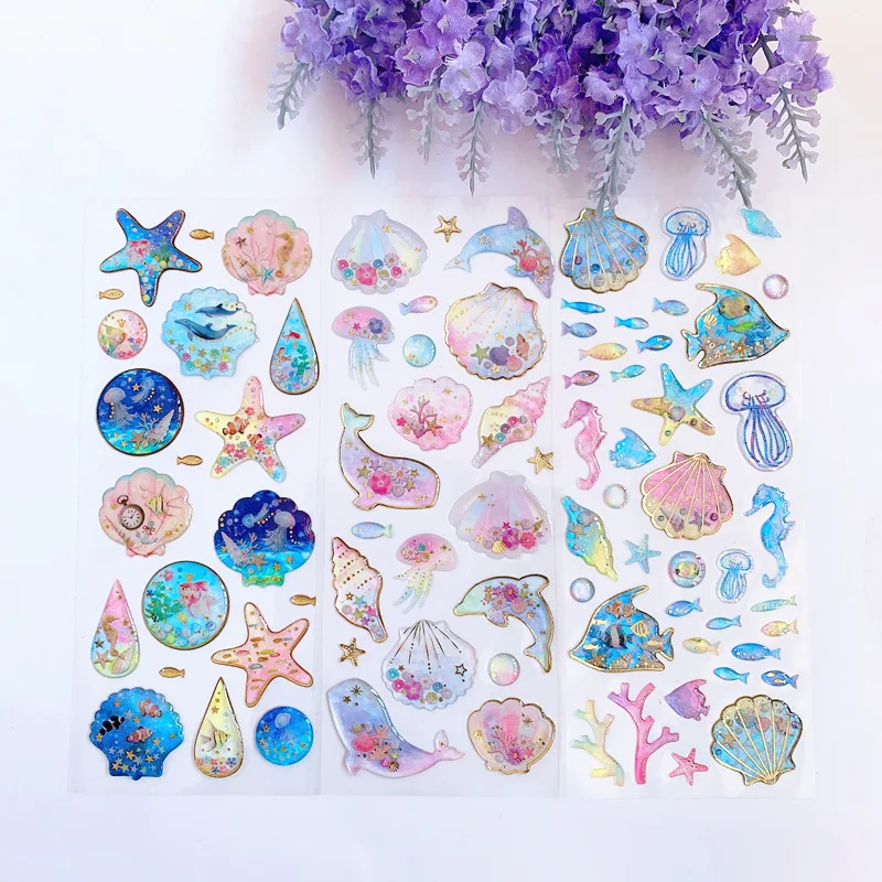 Crystal 3D Stickers Sea Creatures Small Fish Seashells Dolphins Whale Stickers Self adhesive Handbook Decorative Stickers