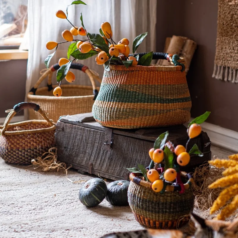 Handmade round bags African seagrass bolga baskets colorful Ghana woven baskets Africa Straw Basket