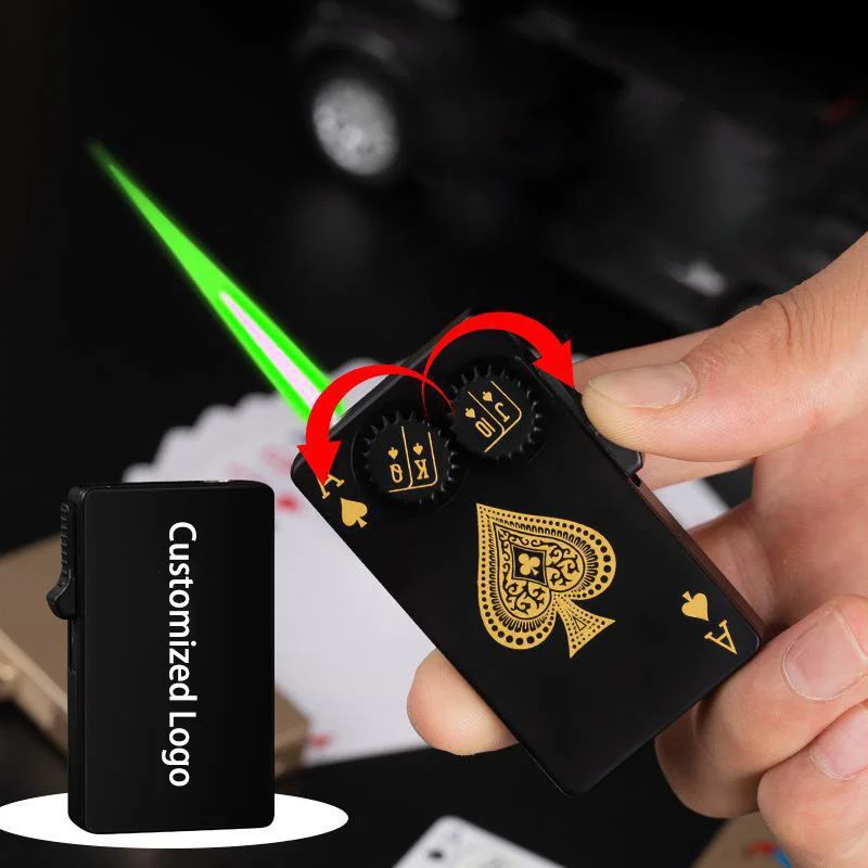New Windproof Metal Playing Cards Lighter Unique Luminous Black Ace Cards Rotatable Gearwheel Poker Card Lighter
