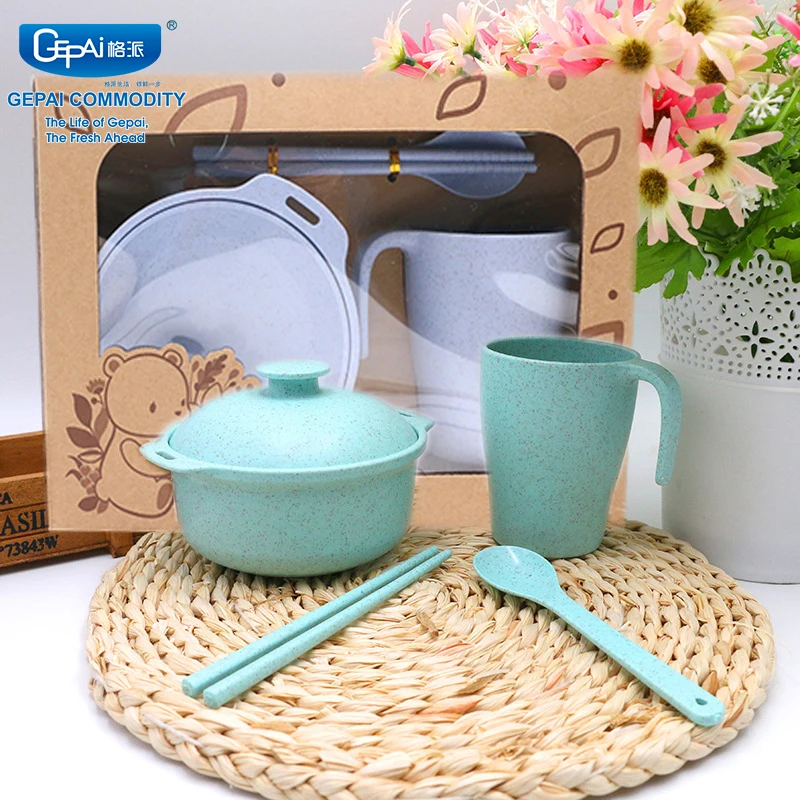 Eco-friendly Baby Child Bowl Spoon Chopsticks Cup Dinnerware Healthy Wheat Straw Children Tableware Set
