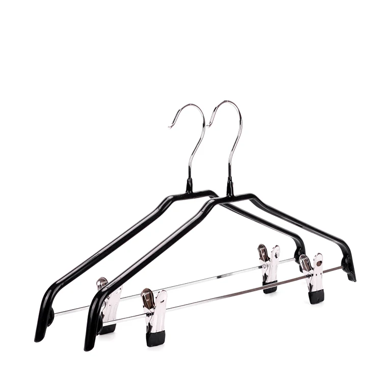 Flat Head Black Metal Shirt Top Hanger with Clips Non Slip PVC Clips Metal Clothes Hanger for Pant