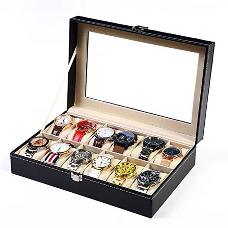 wholesales 12 slots watch box with cover open window display watch display box storage wrist watch leather case jewelry case