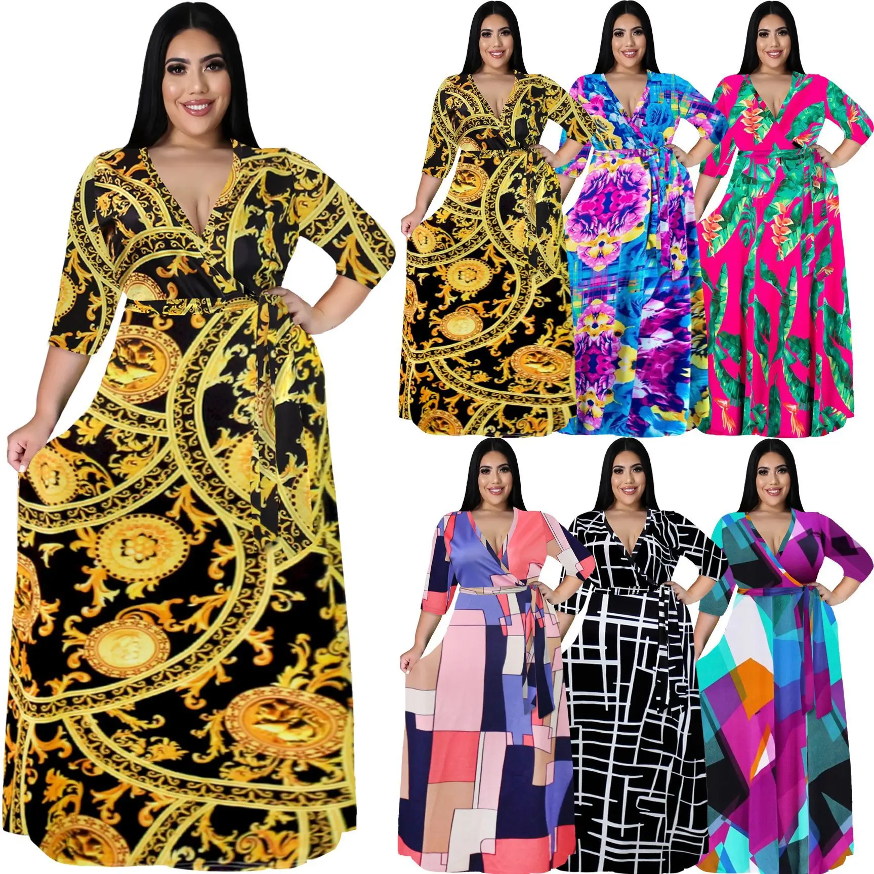 Casual Deep V-neck Long Sleeve Maxi Dress Printed Women Plus Size Africa Dress