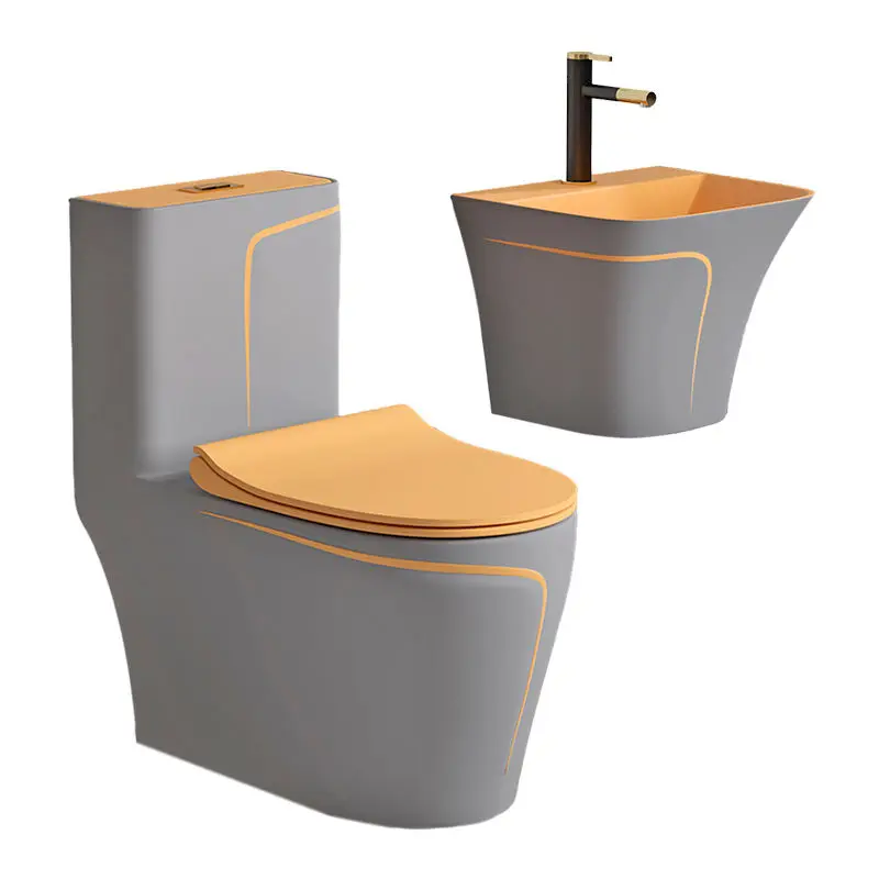Modern style easy to clean wall hung basin one piece water closet ceramic bathroom toilet set gray orange color toilet bowl