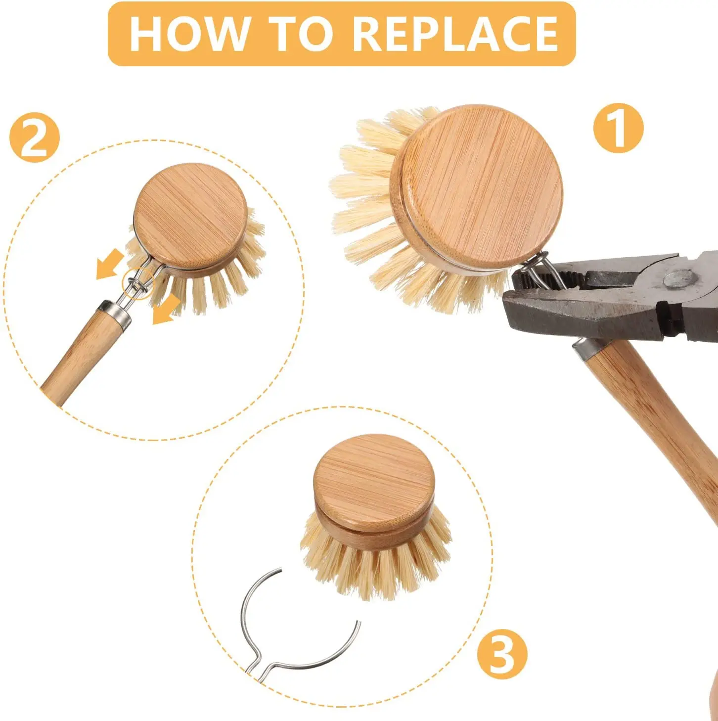 Eco Friendly Long Handle Kitchen Pan Pot Bamboo Cleaning Brush With Replaceable Head