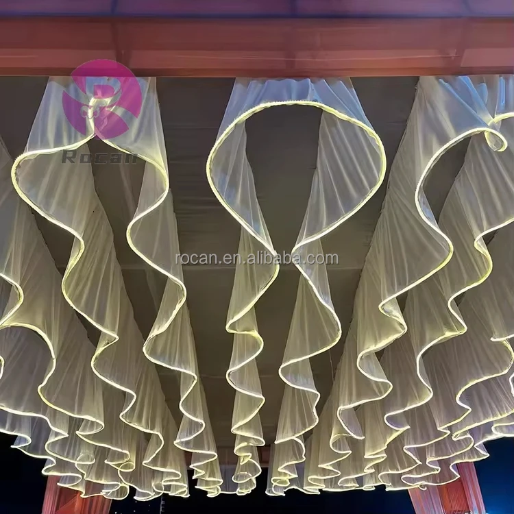 White Ceiling Curtain led Light ceiling drapes with light strip for Wedding Ceiling decoration