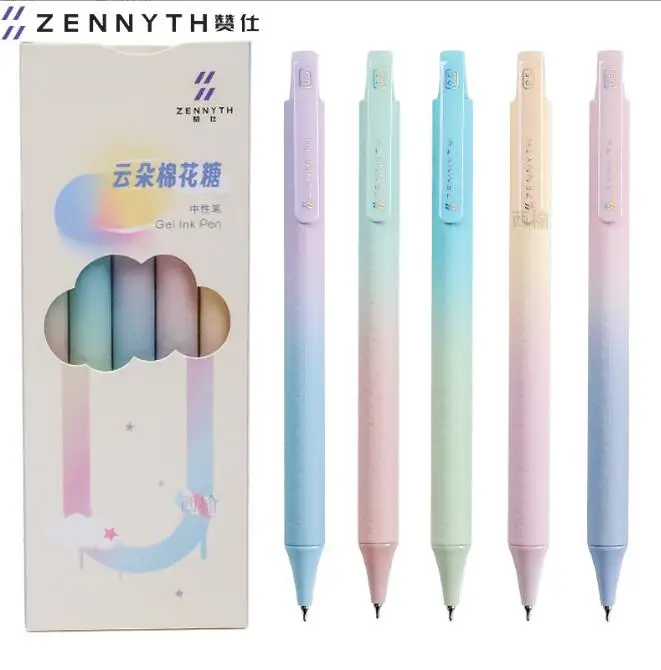 5Pcs 0.5mm Rainbow marshmallow Black Ink Pens Retractable Pen Smooth Writing Quick-Dry Pens for Journaling and Note Taking