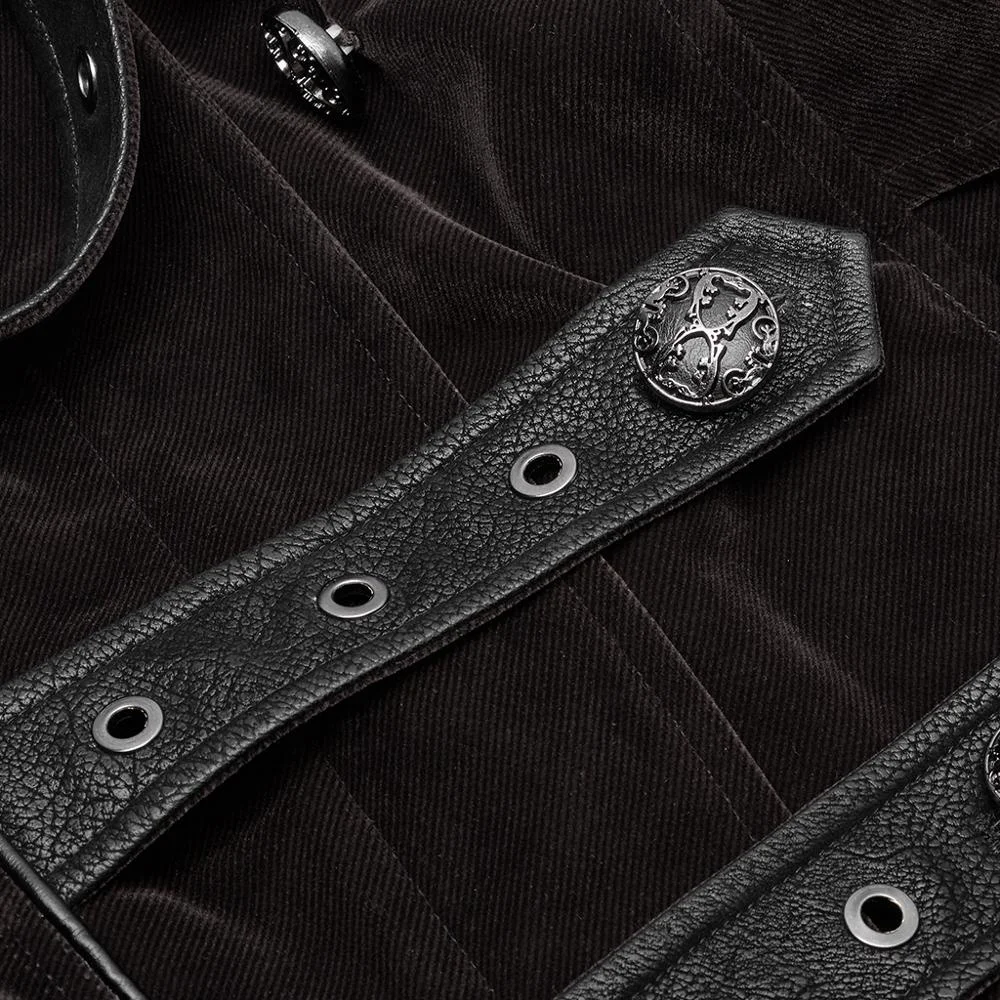 PUNK RAVE WY-1087  Uniform Stand Collar Velvet Long Coat Spliced Leather Button Men Winter Overcoat