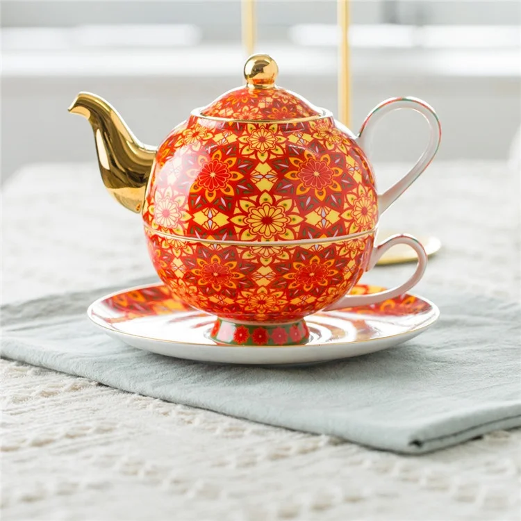 Nordic style teapot cup saucer set red color decal design gold rim handle ceramic bone China tea for one set