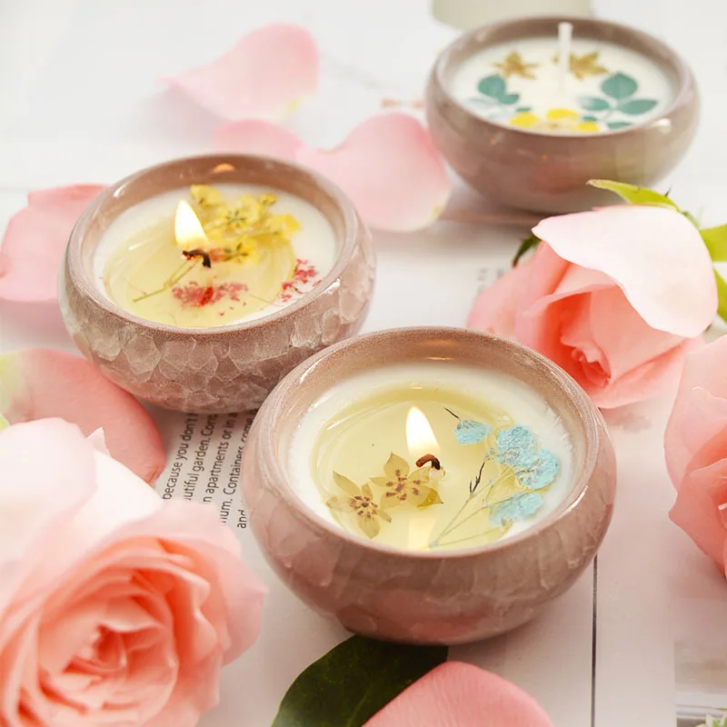 wedding favors luxury beautiful cute art dried flowers rose vanilla lavender ceramic container scented soy candle