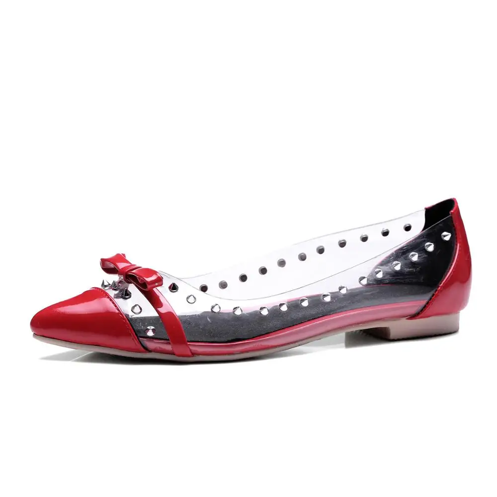 
New Arrival Rivets Bow Slip on Pointed Toe Transparent Fashion Ladies Shoes Women Flats 