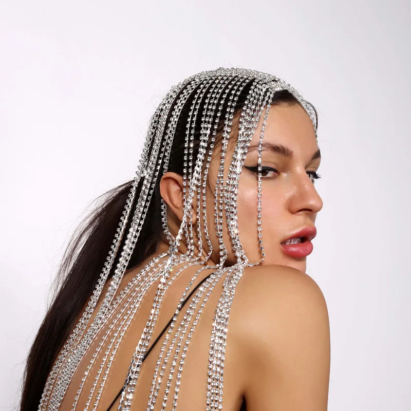  New Fashion Women Hair Chain Rhinestone Headband Super Long Tassel Crystal Cover Head