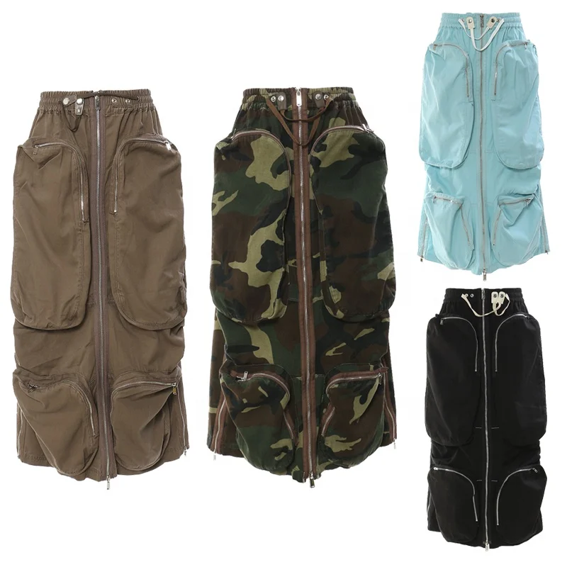 D29839 Trendy spring summer clothes women fashion streetwear long skirt sexy slit skirts for women big pockets cargo skirts