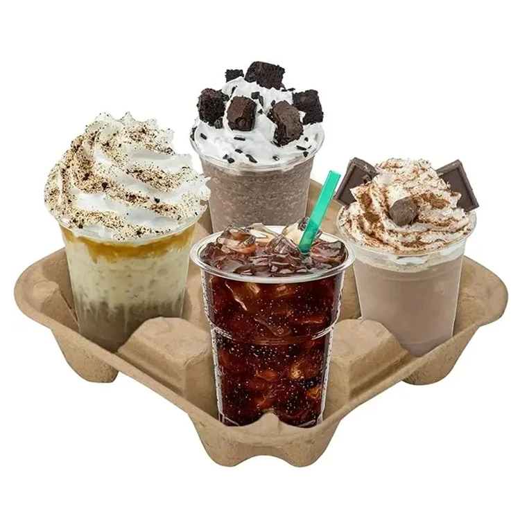 Paper Pulp Tray Foldable Kraft Corrugated Cardboard Retractable 4 Cup Disposable Sleeve Coffee Cup Holder Foldable Cup Carrier