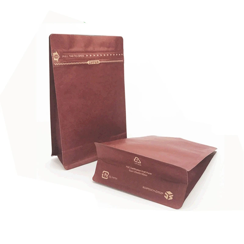 100 PCS Recycle Kraft Paper Zipper Eight Side Seal Pouch Coffee Bean Packaging Bag With Zipper Aluminum Foil Lined 250g / 500g